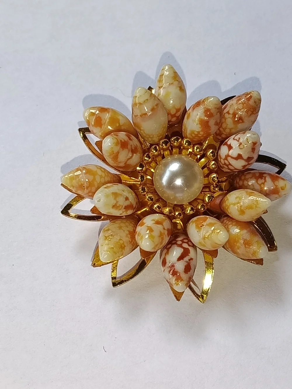 ​Mid-Century Seashell Cluster Brooch, Faux Pearl Accent Flower Pin
